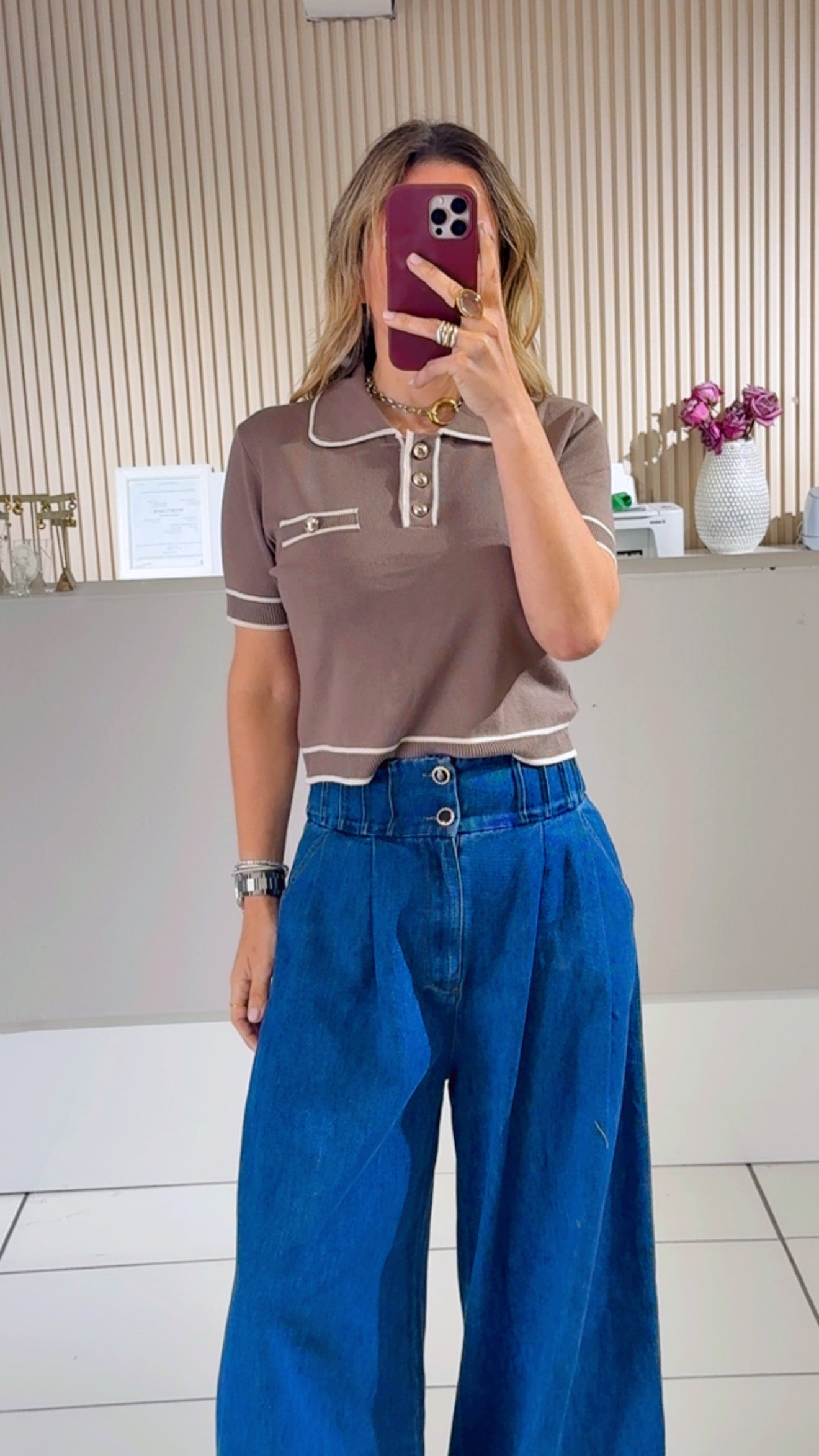 TAUPE Short Slv Contrasting Lined Knit Top