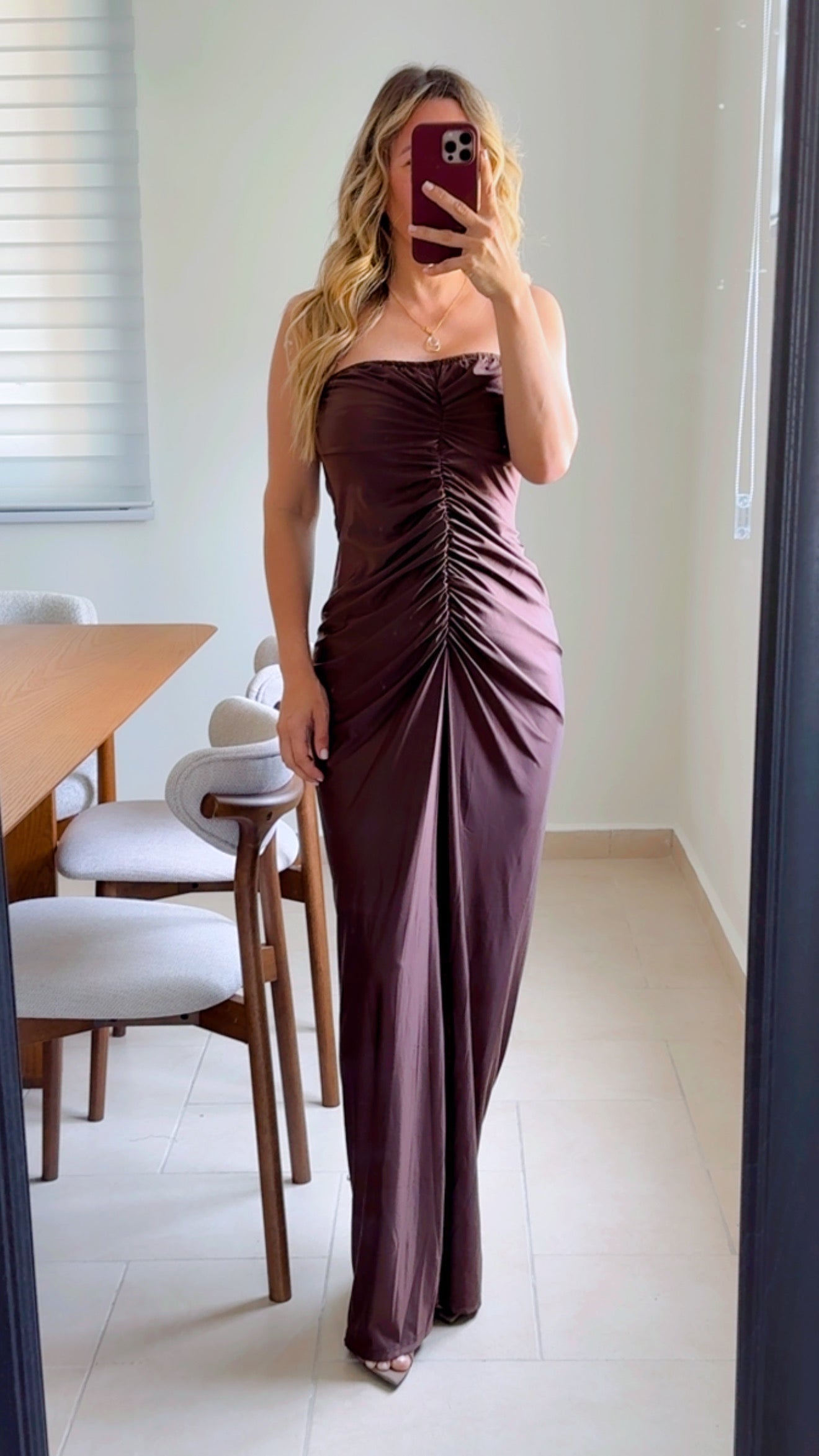 Strapless Ruched Satin Maxi Dress
