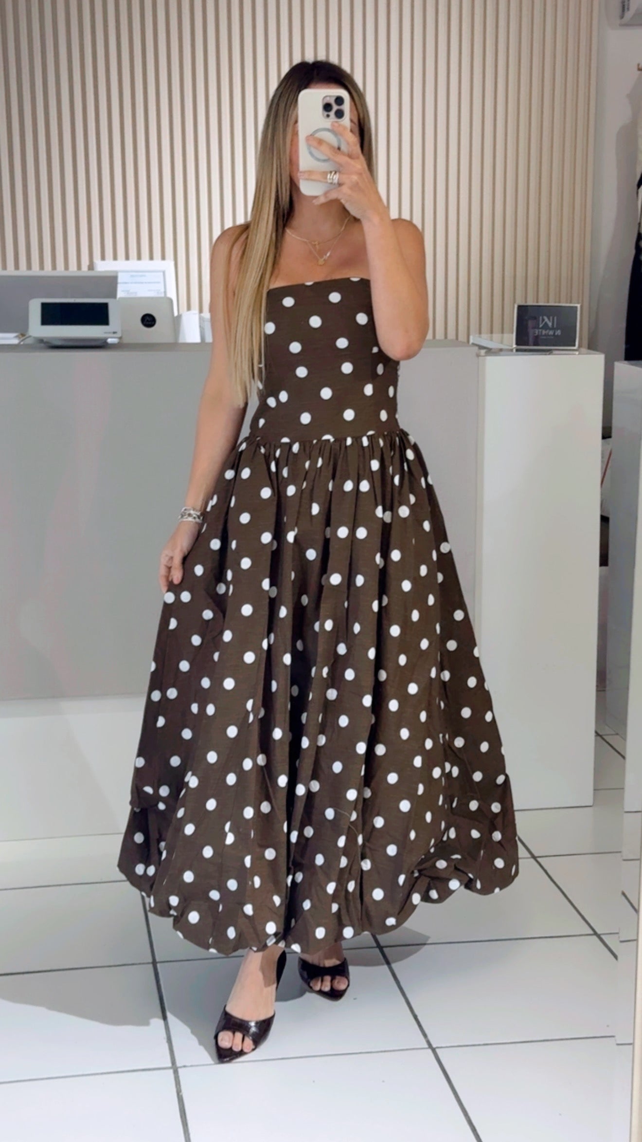 Strapless Brown Polka Dot Dress