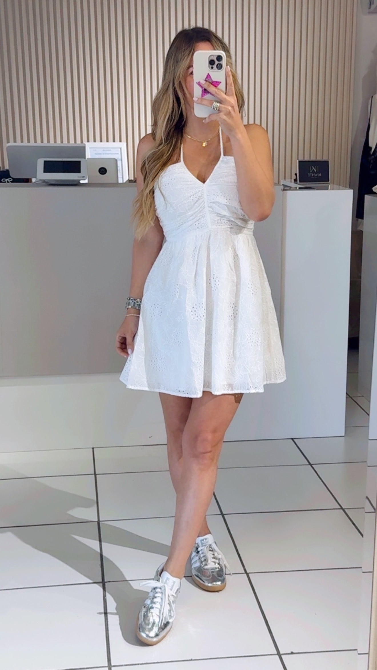 White Ruched Halter Eyelet Dress