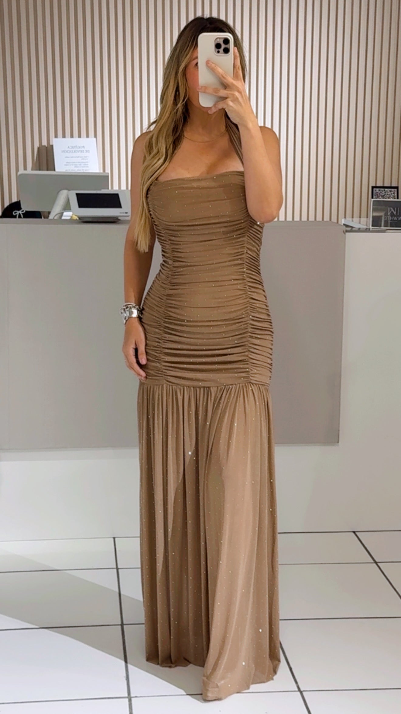 Taupe shiny maxi dress