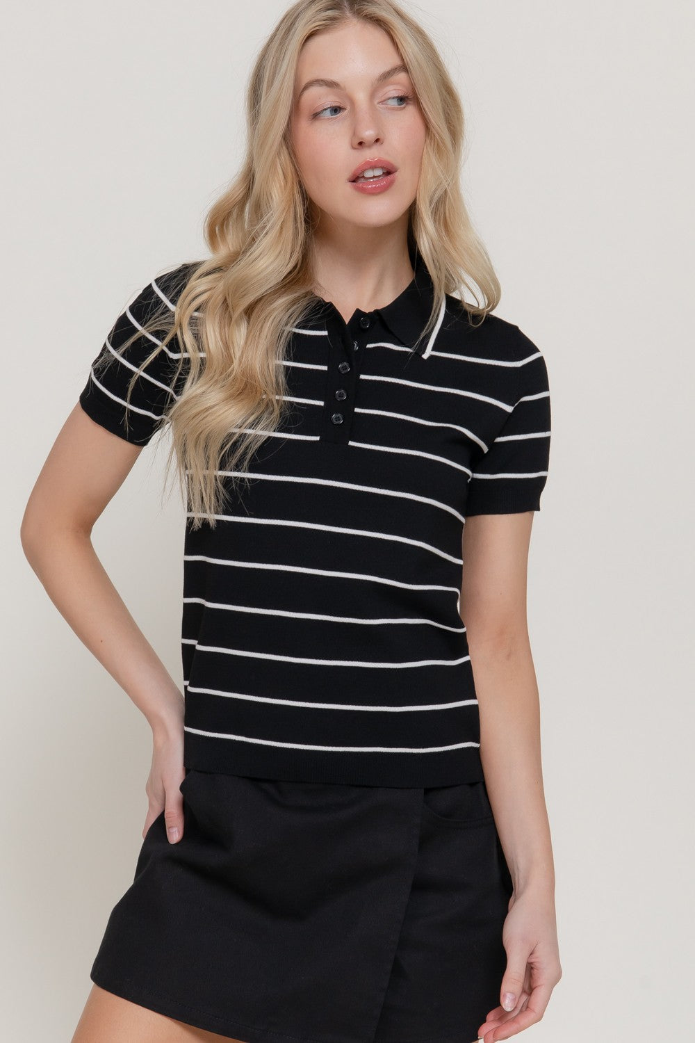 BLACK Short Slv Stripe Polo Knit Top
