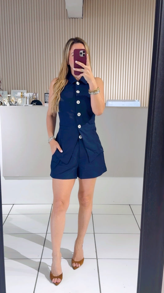 Sleeveless Collar Halter Navy Top with Short Set