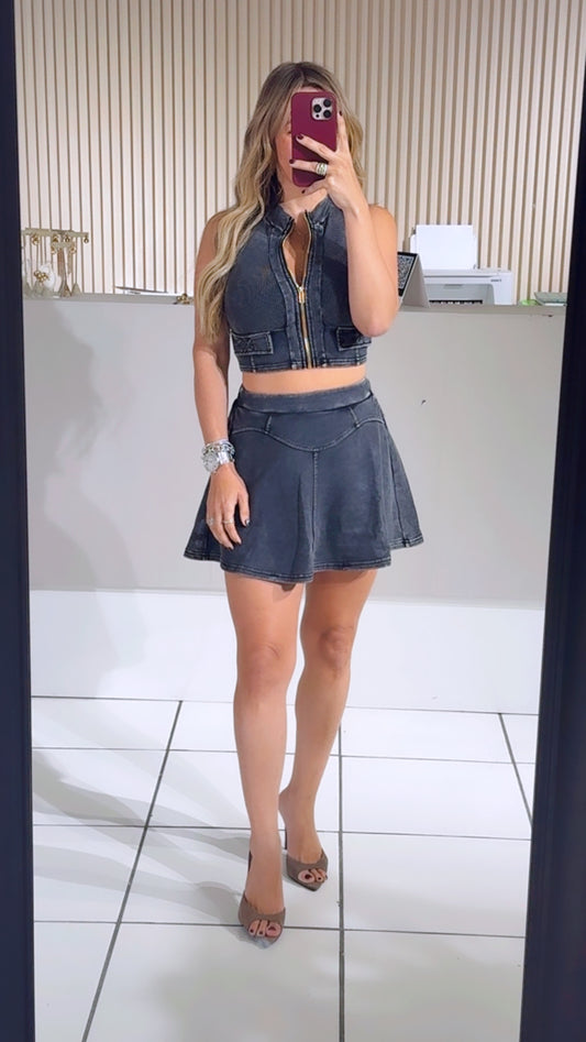 Mineral Wash Crop Top & Mini Skirt Set