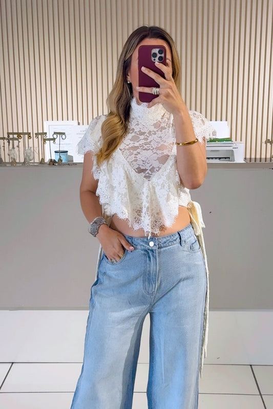 BUTTER Sheer Floral Lace Mock Neck Layered Ruffles Cropped Blouse