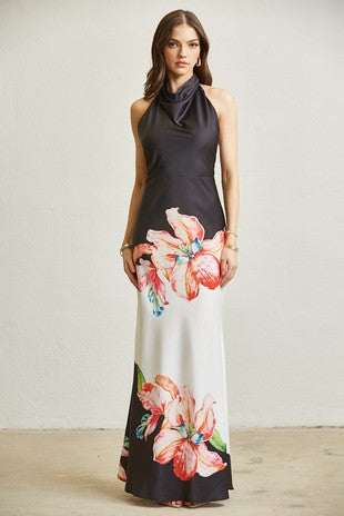 Flower satin print dress