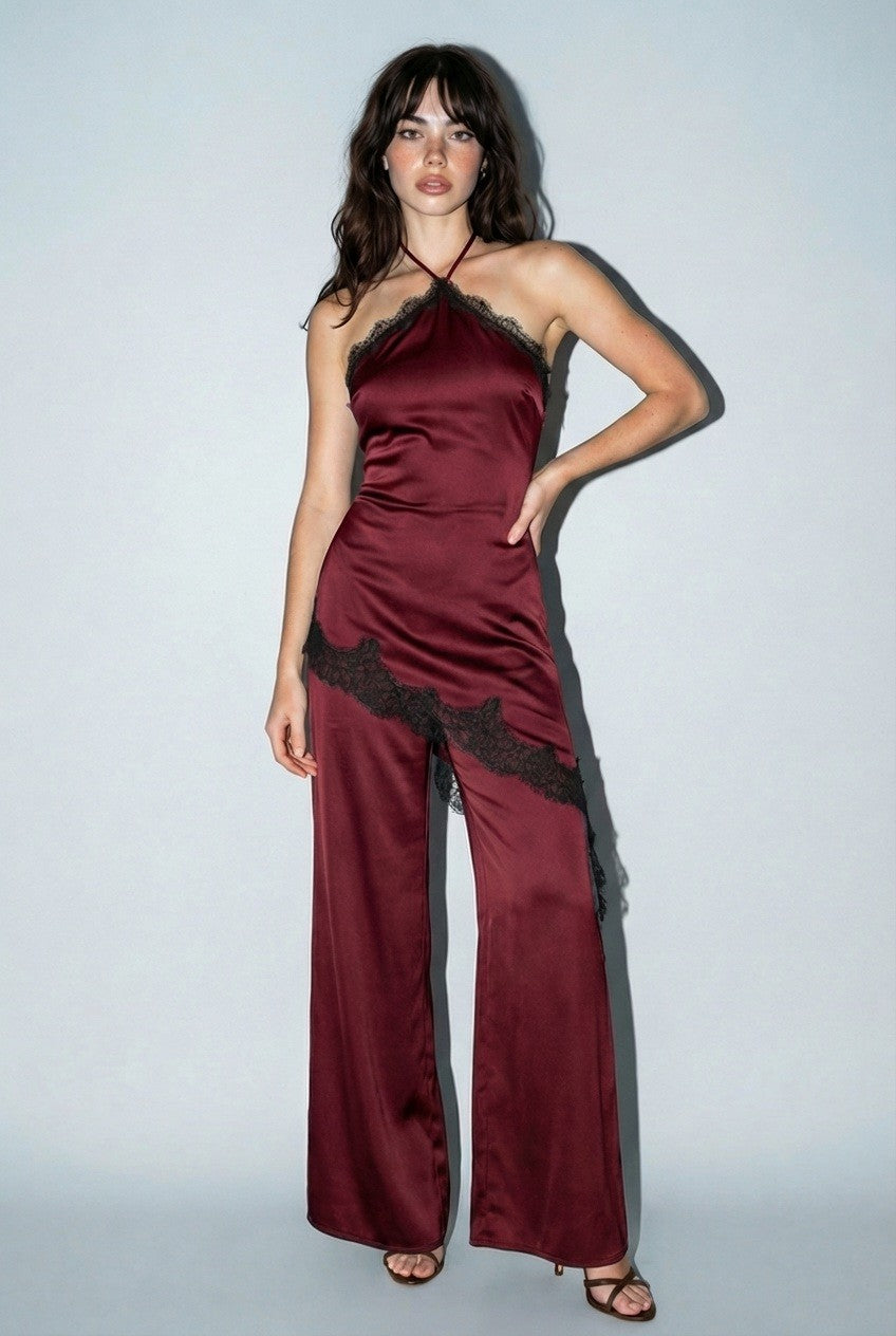 WINE Contrast Lace Trim Satin Halter Jumpsuit Contrast Lace Trim Satin Halter Jumpsuit