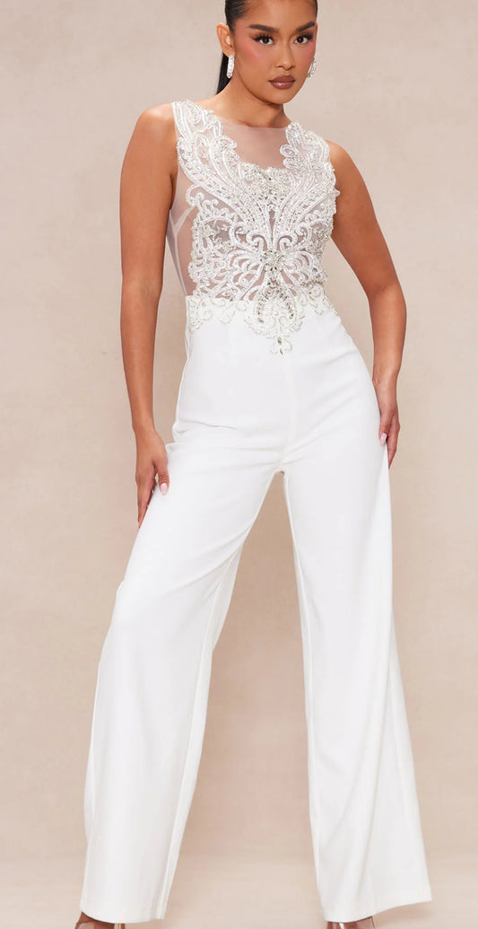 Slevlelees mesh white jumpsuit