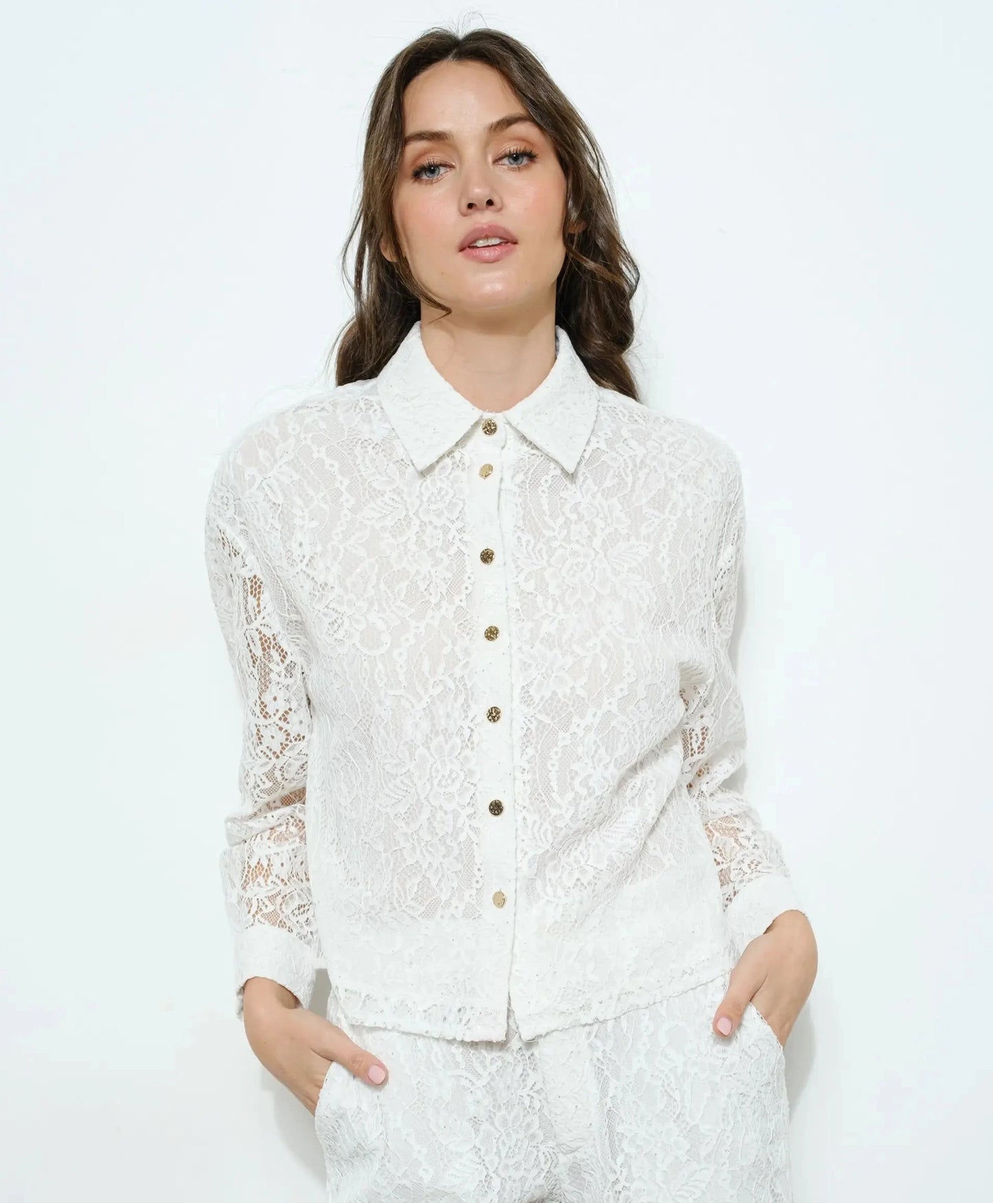 White Lace Button-Up Top