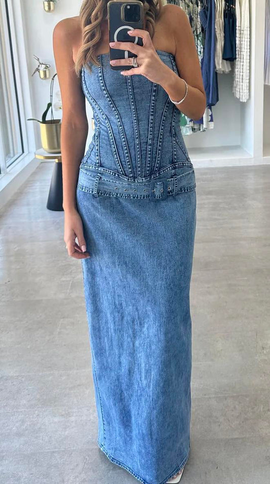 Denim corset maxi dress