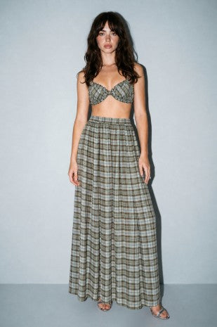 CHIFFON PLAID PRINT RUCHED TOP AND WIDE LEG PANT SET