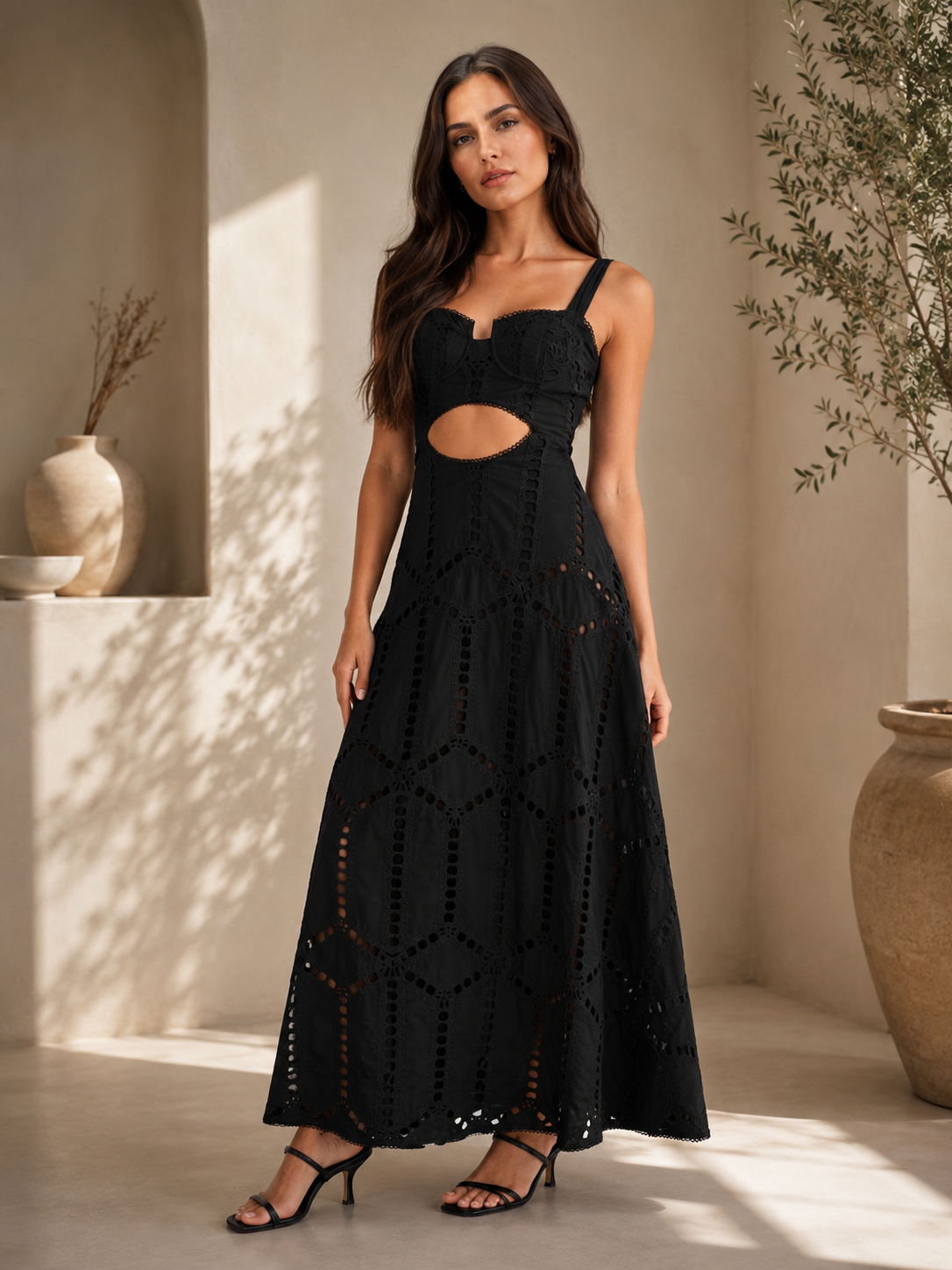 Embroidered Cutwork Bustier Flare Long Dress With Mid Cutout