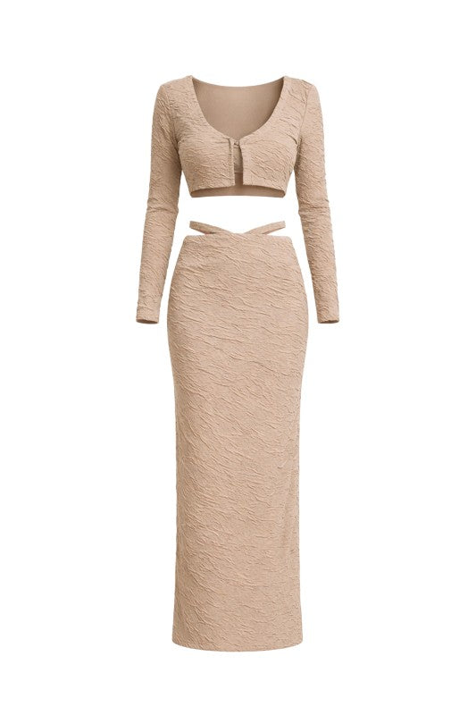 BEIGE  Textured Knit Bra Top, Cardigan And Maxi Skirt Set