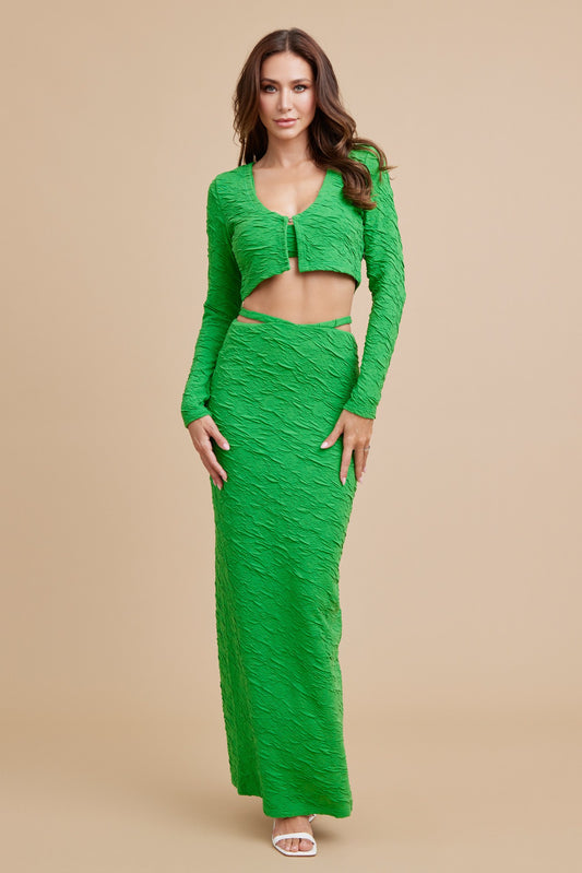 GREEN Textured Knit Bra Top, Cardigan And Maxi Skirt Set