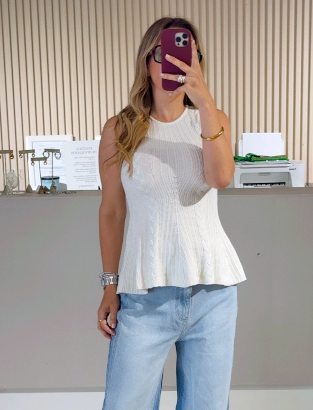 CREAM Sleeveless Cable Knit Peplum Top