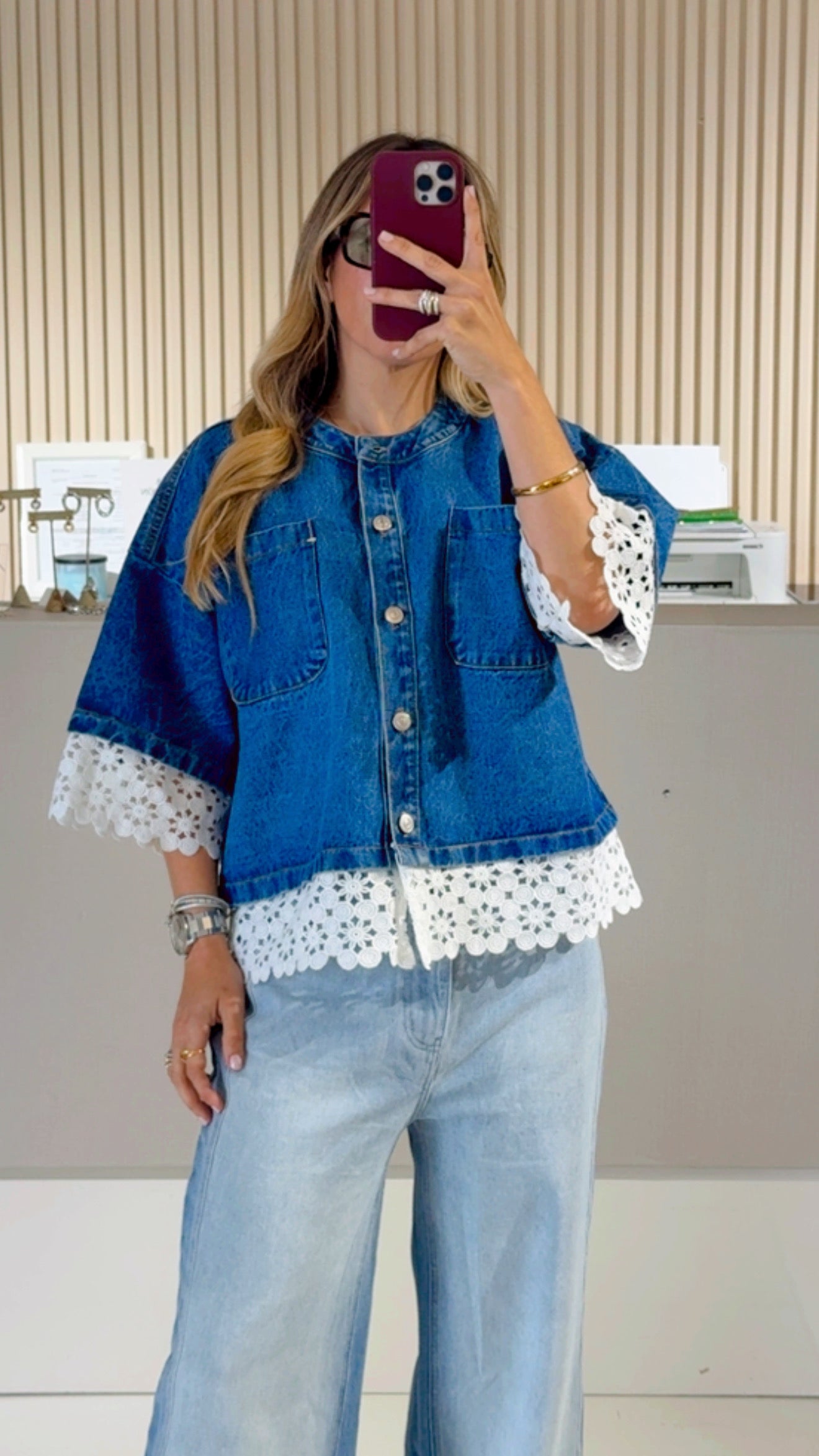 Crochet Lace Trimmed Sleeve Denim Jacket