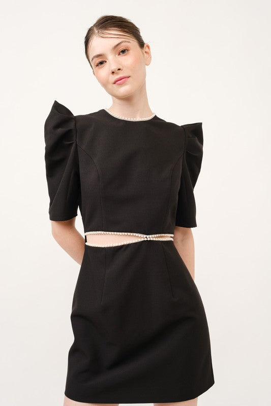 Black Puff-Sleeve Pearl Dress