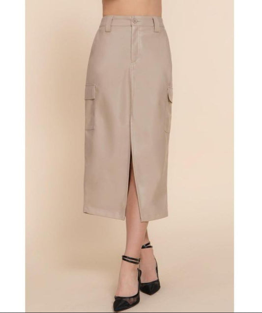Beige Leather midi Skirt