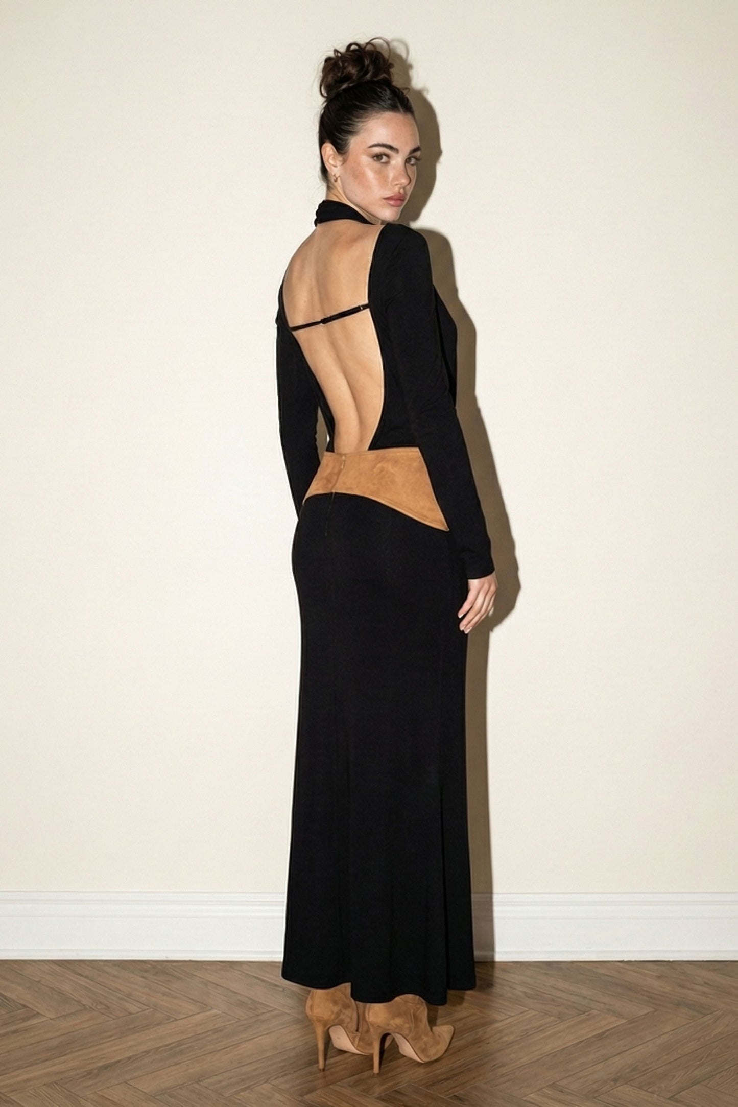 Suede Contrast Cutout Maxi Dress