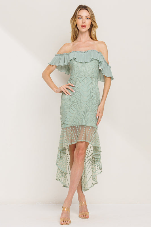 SAGE Off Shoulder Lace Midi Dress