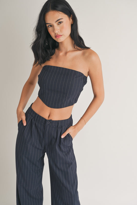 Pinstripe Smocked Side Corset Tube Crop Top