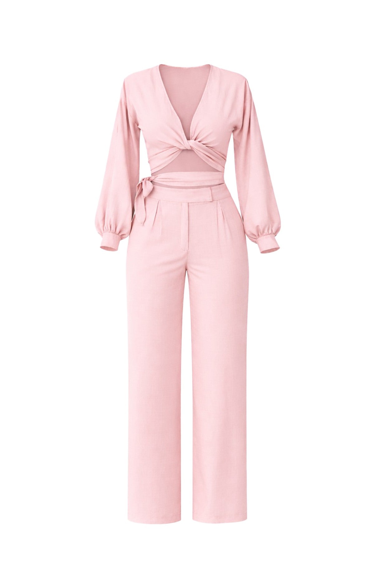 PINK  Balloon Sleeve Top & Pleated Pant Set
