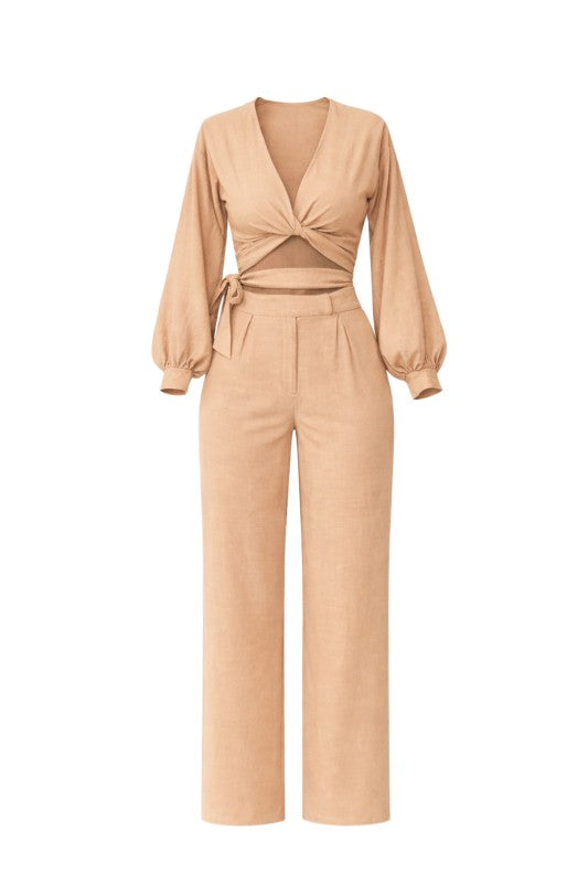 BEIGE Balloon Sleeve Top & Pleated Pant Set