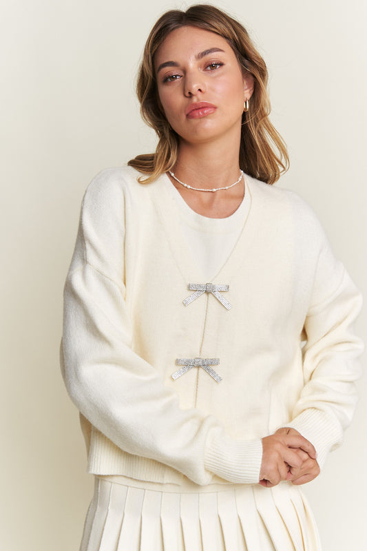 Rhinestones Bow Button Sweaters