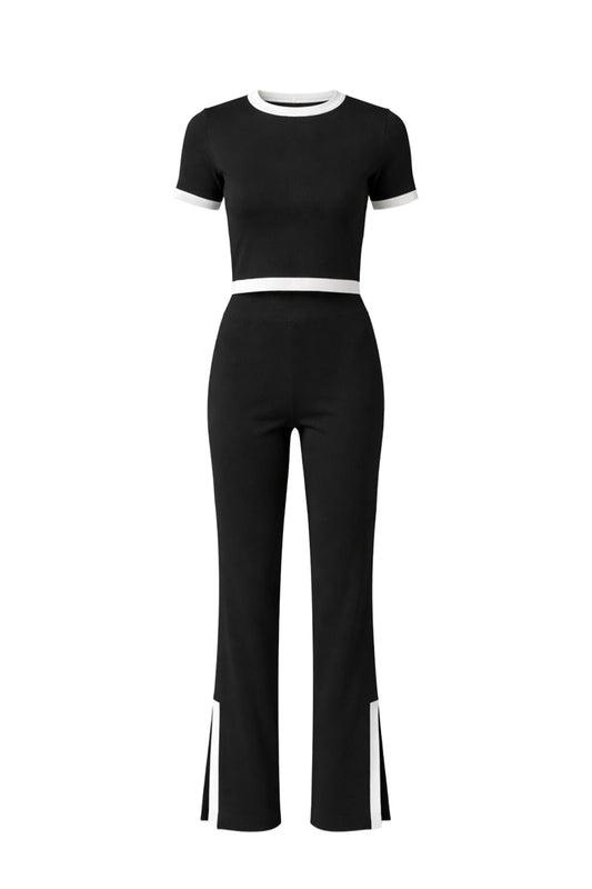 BLACK Knit Short Sleeve Crop Top & Slit Pants