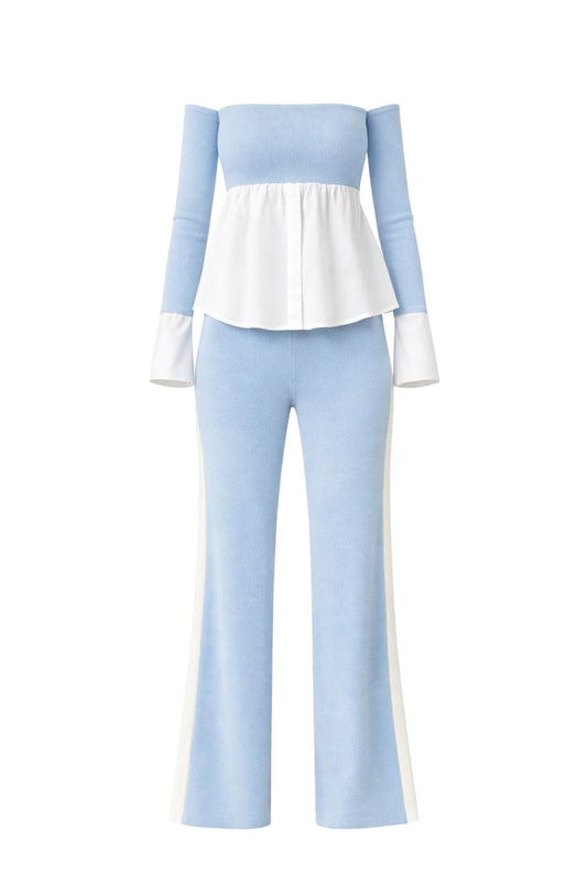 BABY BLUE Knit Off Shoulder Top Shirt And Pants Set