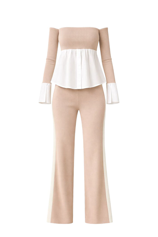 BEIGE Knit Off Shoulder Top Shirt And Pants Set