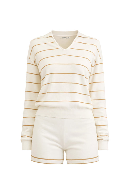 CREAM Stripes Long Sleeve Knit Top And Shorts Set