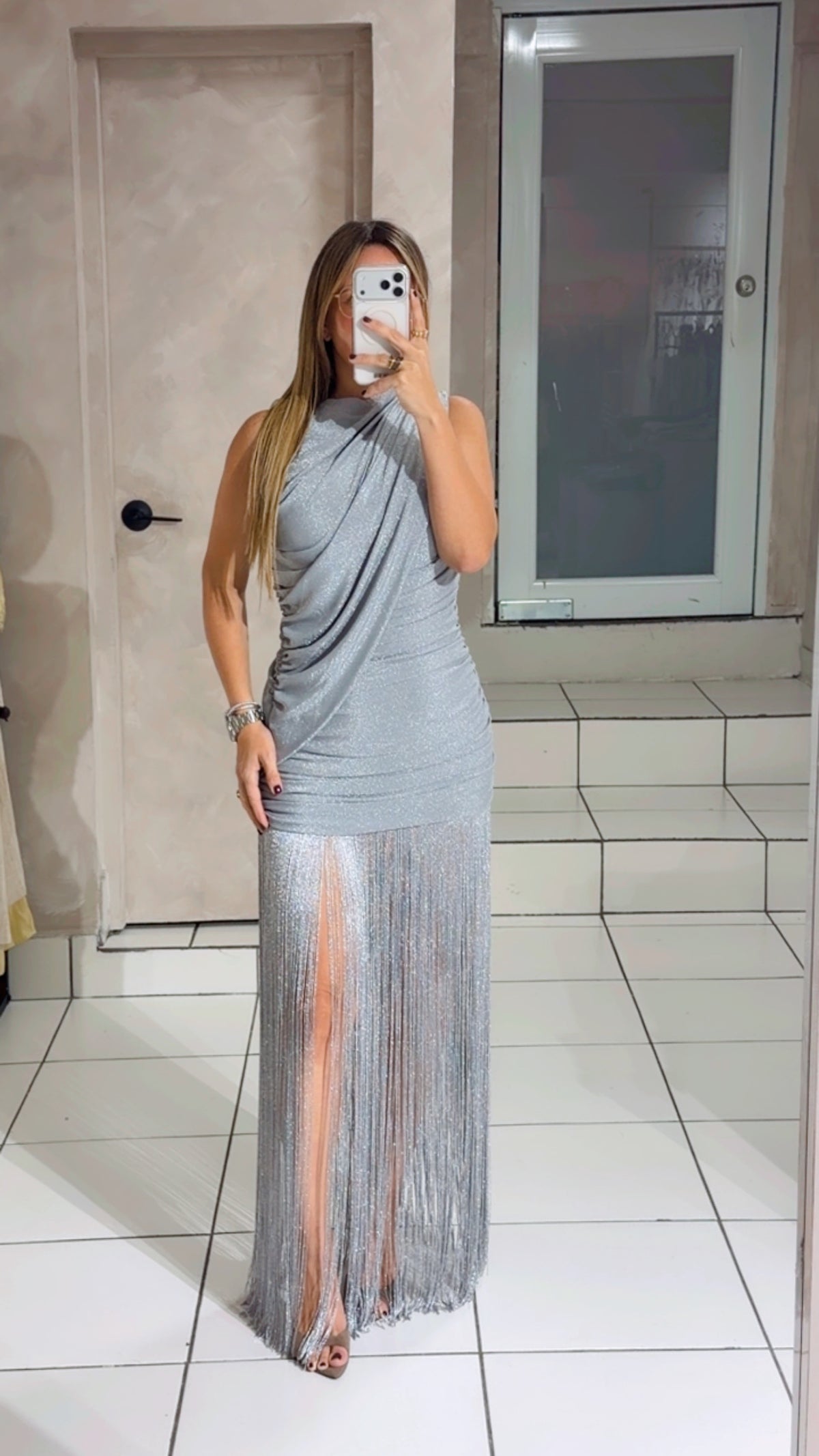 SILVER FRINGE MAXI DRESS