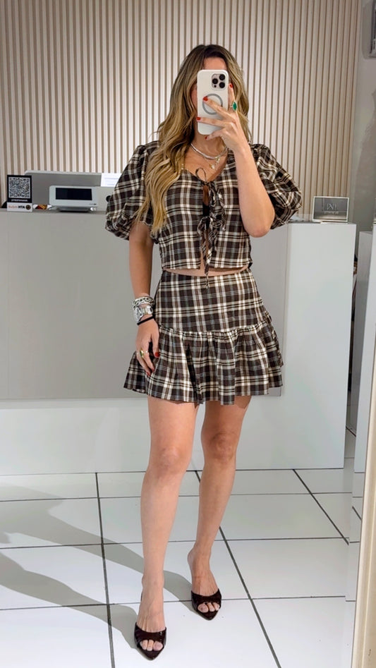 Plaid Puff-Slevee Tie-Front Set