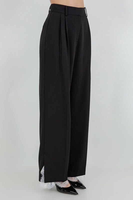 Soft Woven Straight Leg Trouser W Lace Edge Detail