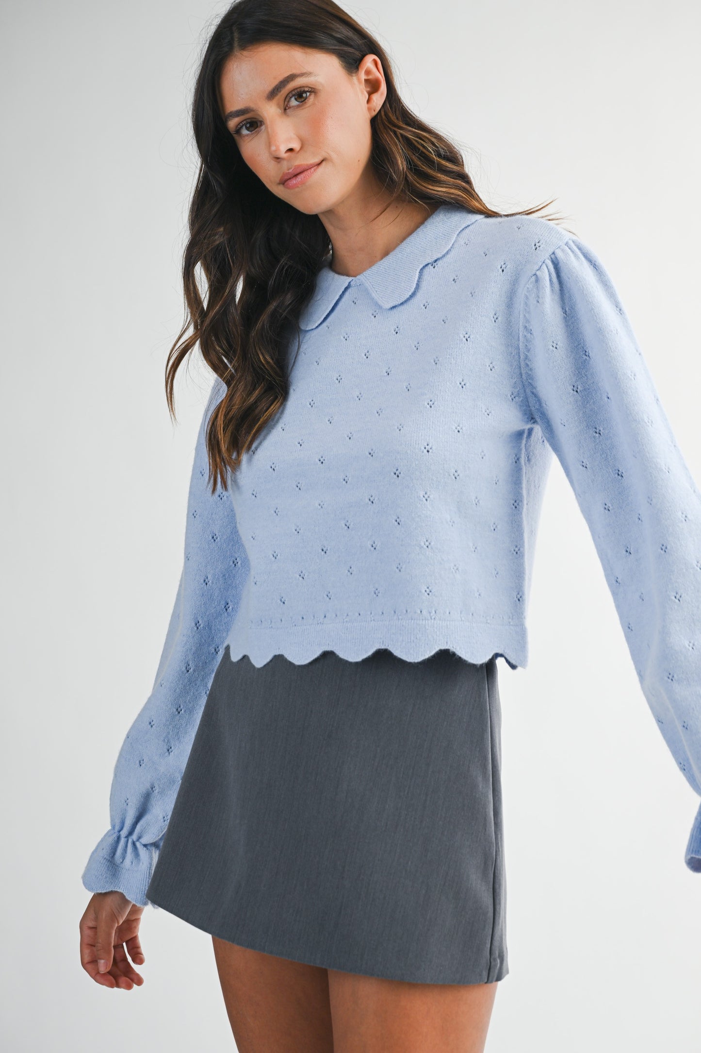 Knit Scallop Collar Hem Crop Pointelle Sweater Top