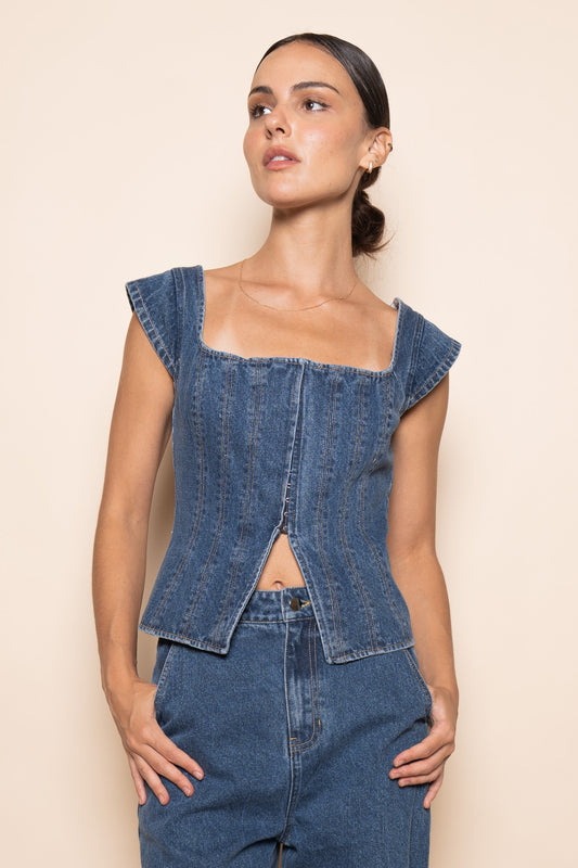 Corset Square Neck Cap Sleeve Top