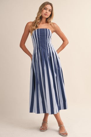 Strapless Striped Pleated Flared Midi Dress