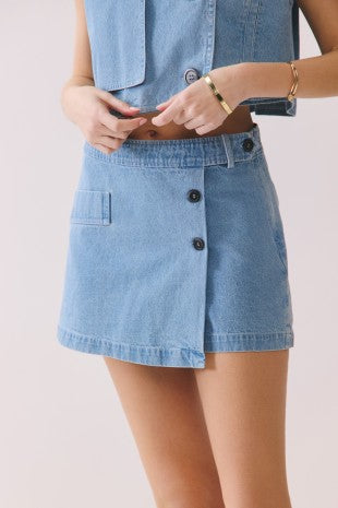 Denim Button Front Wrap Style Mini Shorts