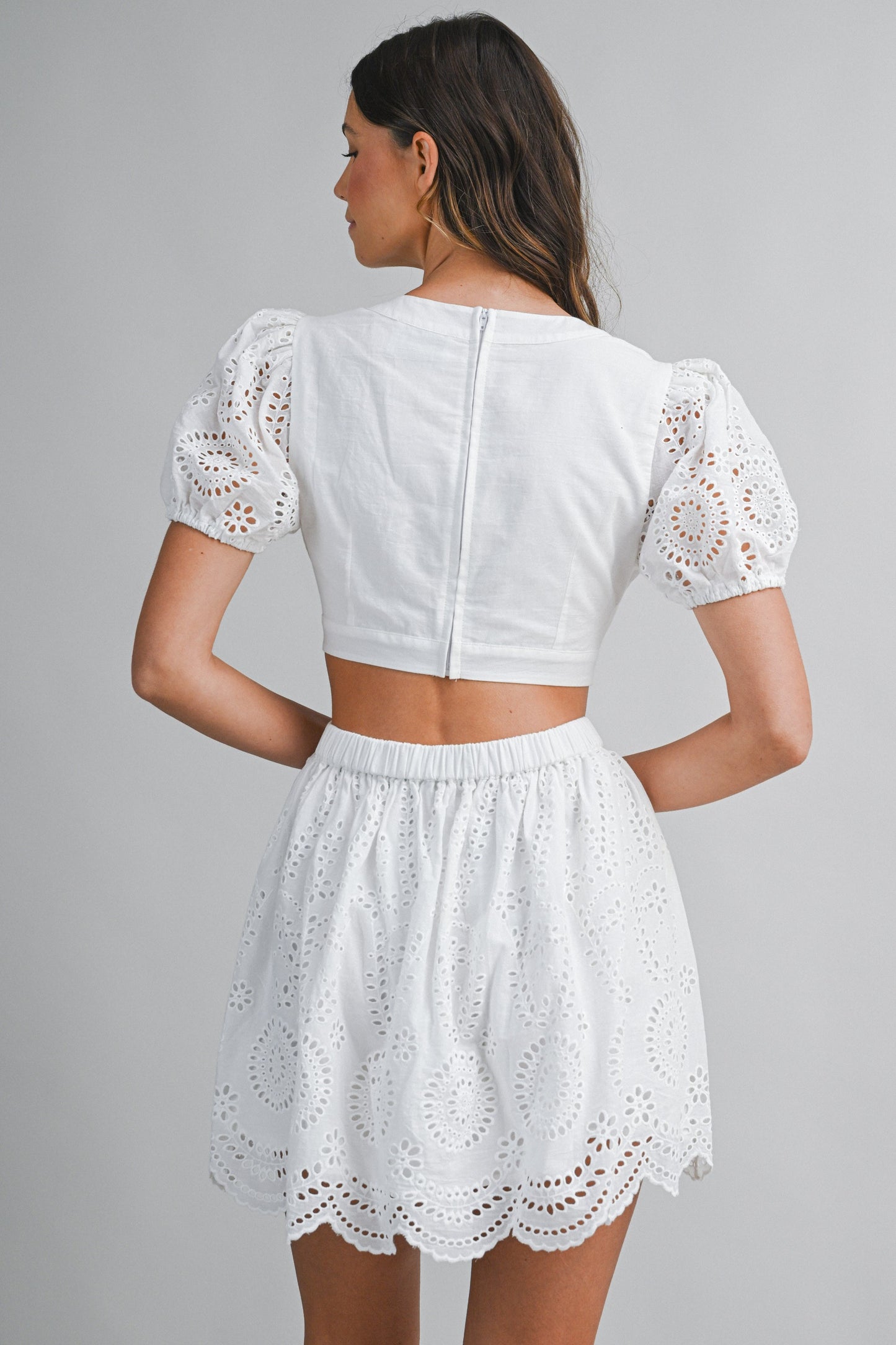 WHITE Eyelet Short Puff Sleeve Back Cutout Mini Dress