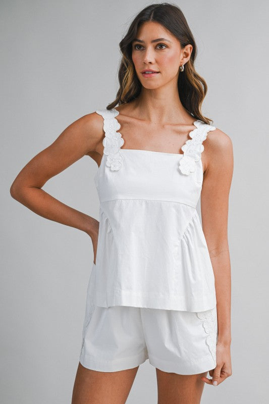 WHITE Cotton Floral Trim Shoulder Strap Top And Shorts Set