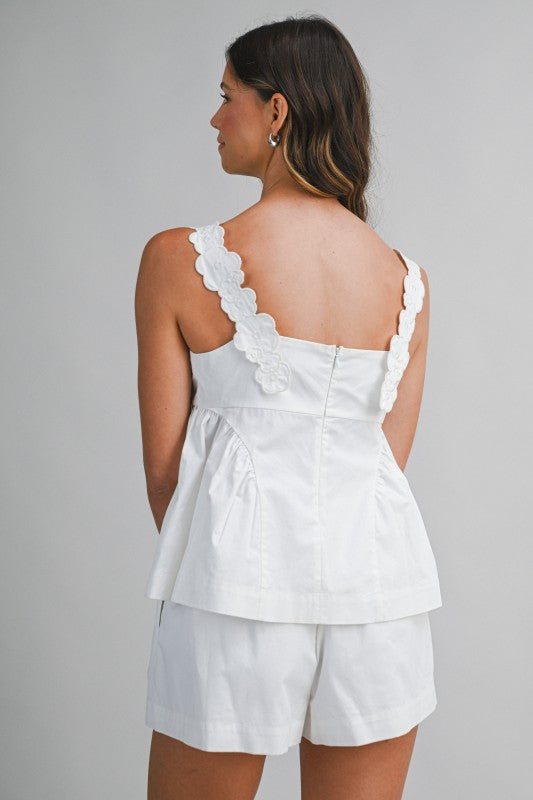 WHITE Cotton Floral Trim Shoulder Strap Top And Shorts Set