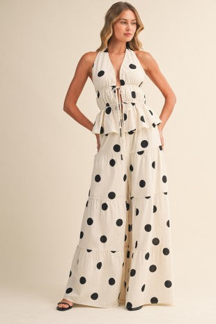 Polkadot Halter Tie-front Top & Tiered Wide-leg Pants Set