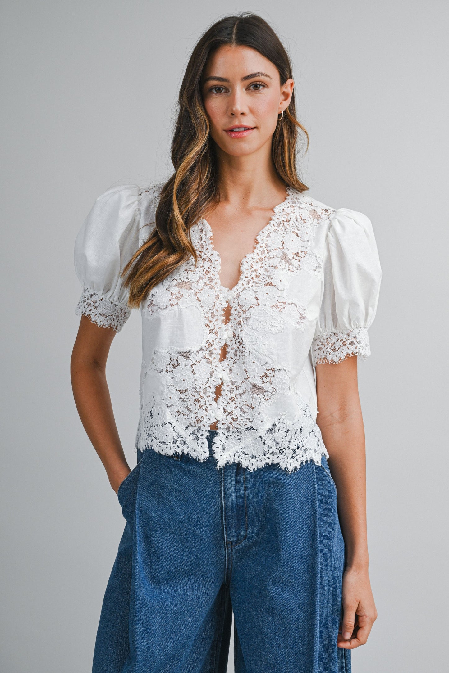 Lace Trim Deep V Neckline Puff Sleeve Button Down Blouse