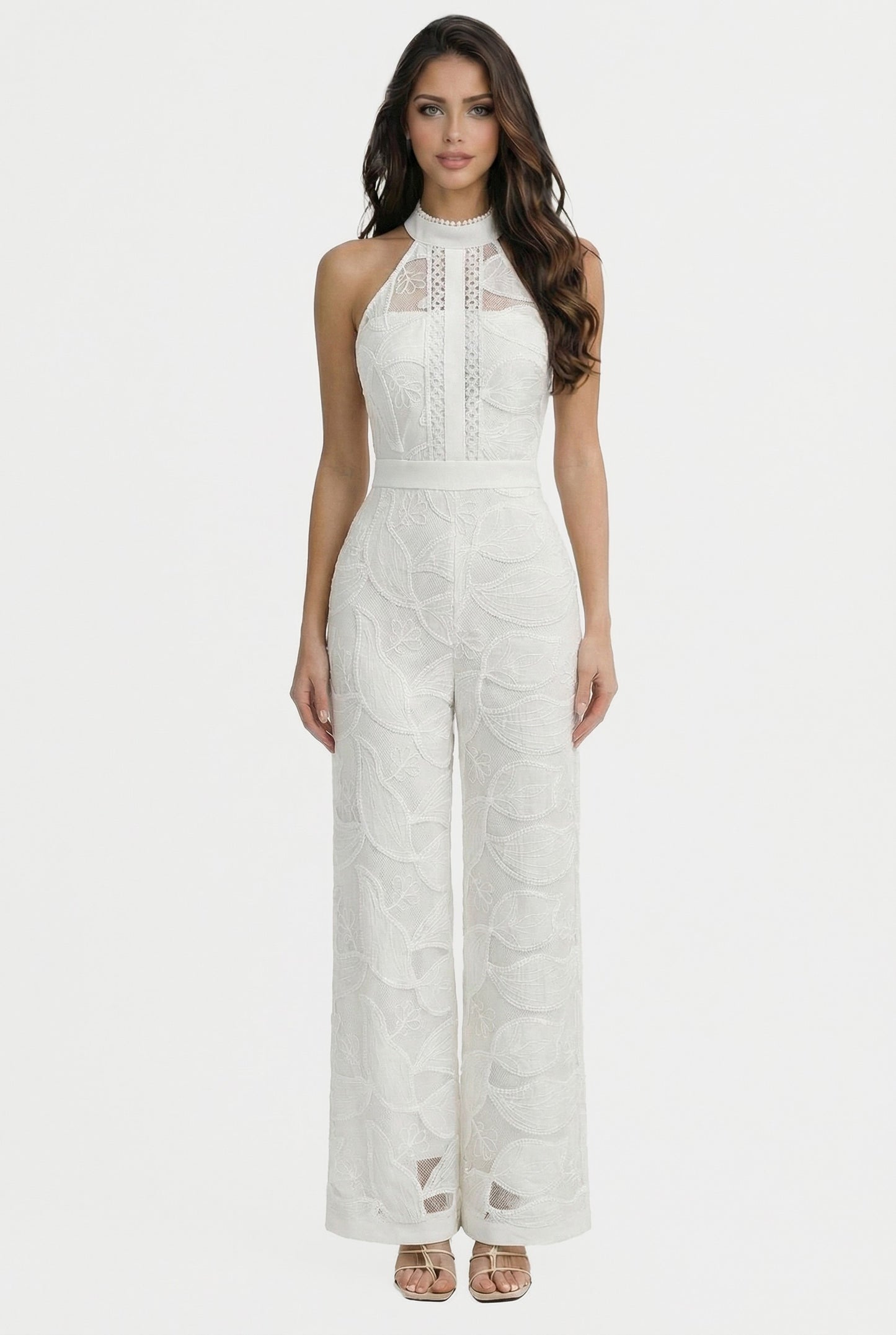 WHITE Elegant Lace Halter-neck Jumpsuit
