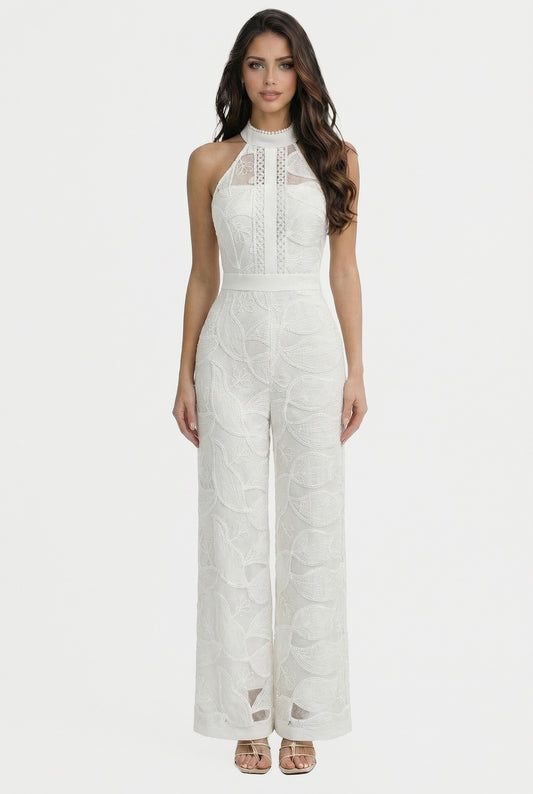 WHITE Elegant Lace Halter-neck Jumpsuit