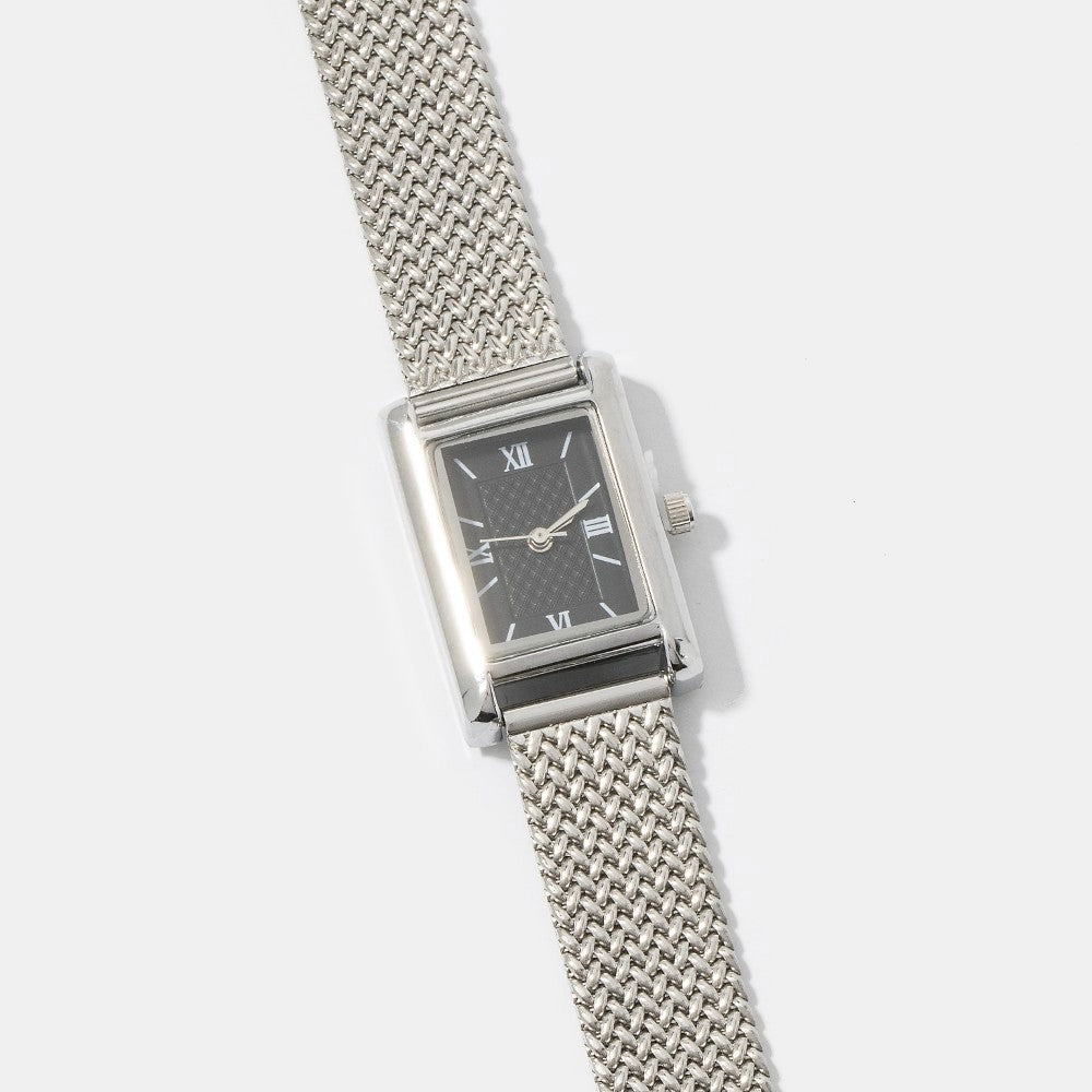 SILVER AND BLACK Woven Metallic Mesh Band Rectangle Watch