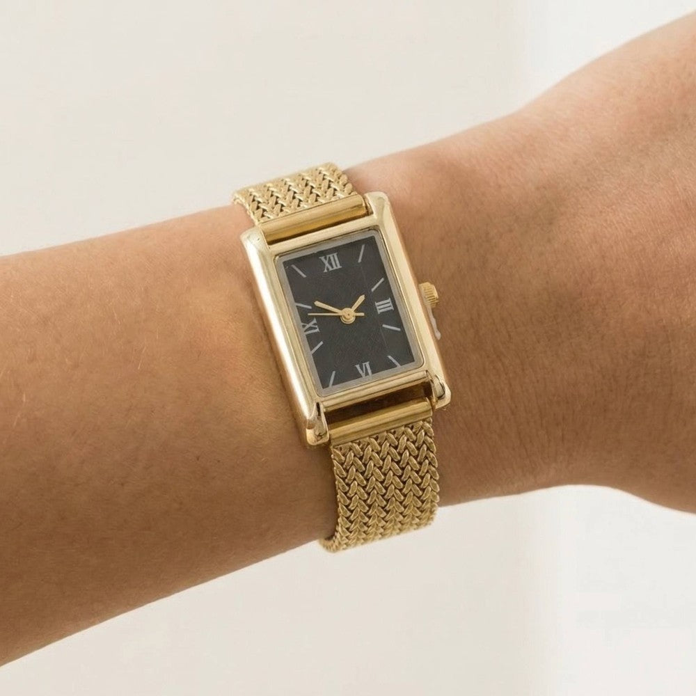 GOLD  Woven Metallic Mesh Band Rectangle Watch