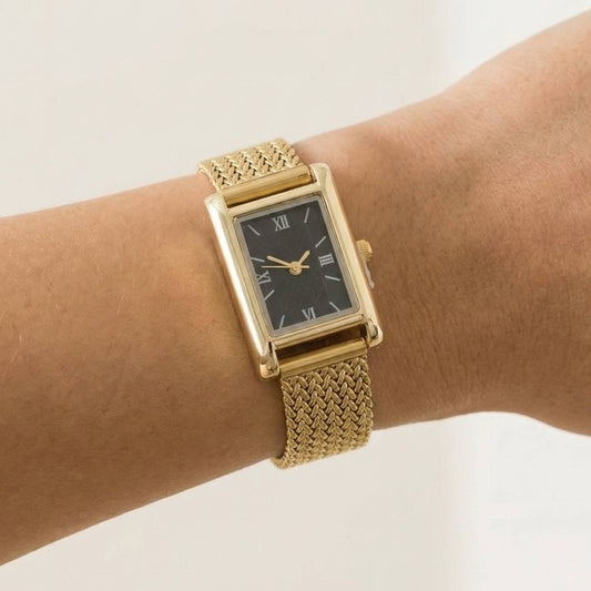 GOLD  Woven Metallic Mesh Band Rectangle Watch