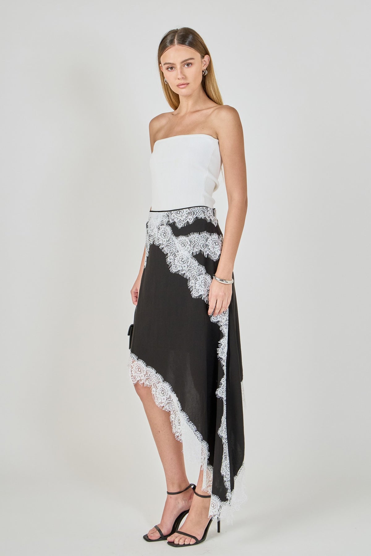 Asymmetrical Lace Trim Midi Skirt